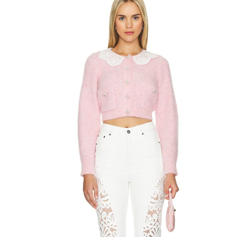 Self Portrait Fluffy Knit Cardigan Pink Lace Collar - Picture 3 of 10